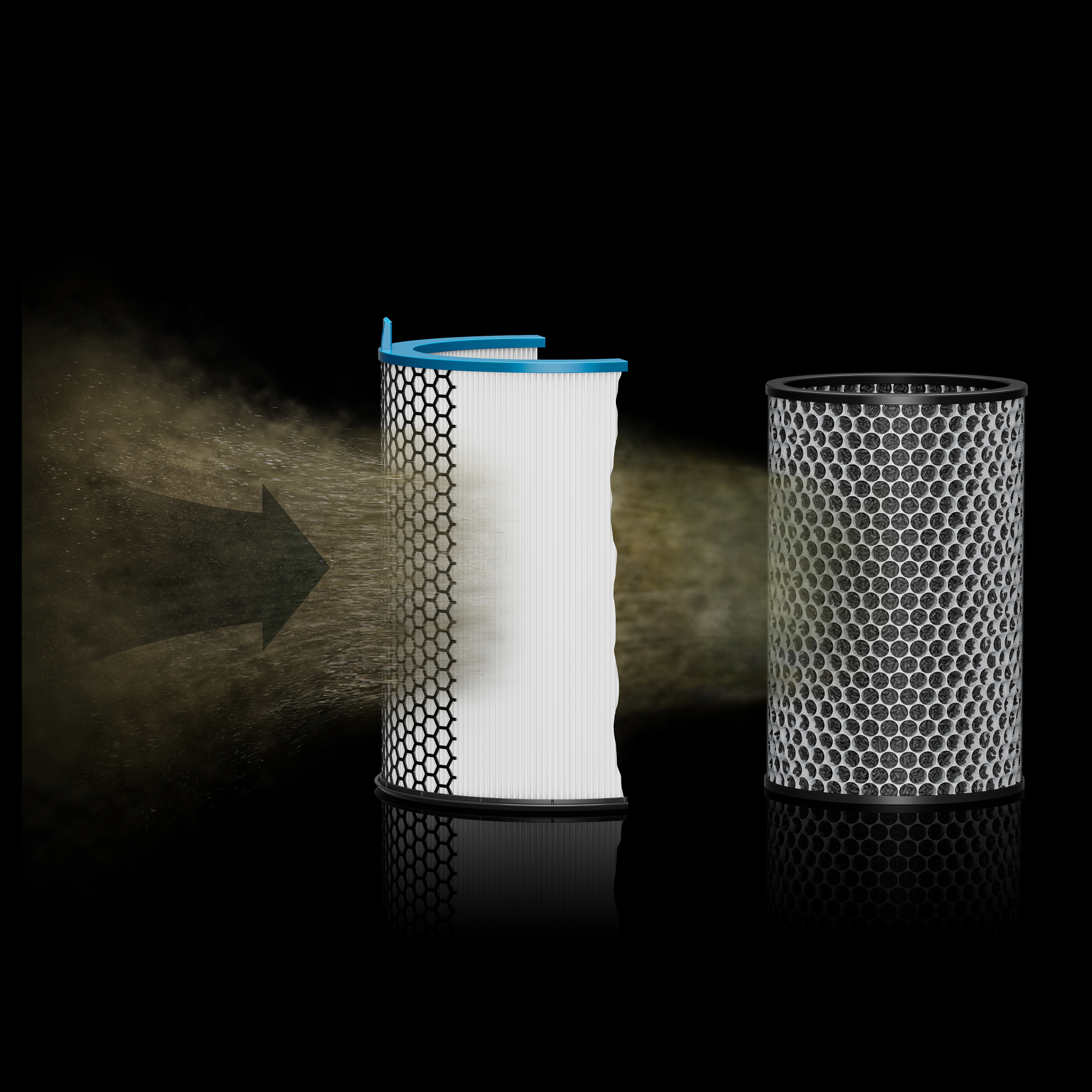 Dwa filtry powietrza na czarnym tle. Jeden zatrzymuje kurz z lewej strony.