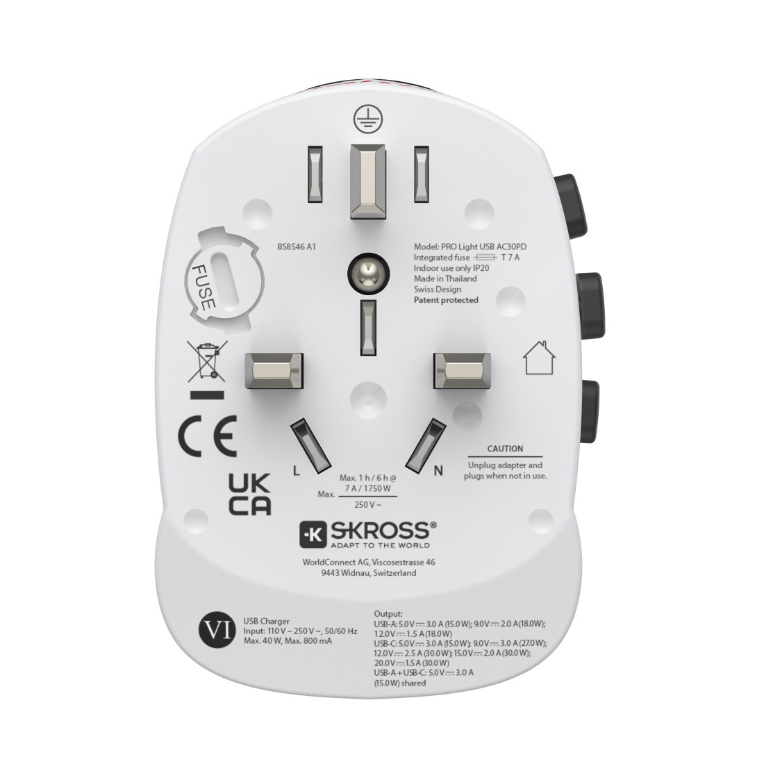 Ein weißer Reiseadapter mit mehreren Steckdosen und USB-Anschlüssen.