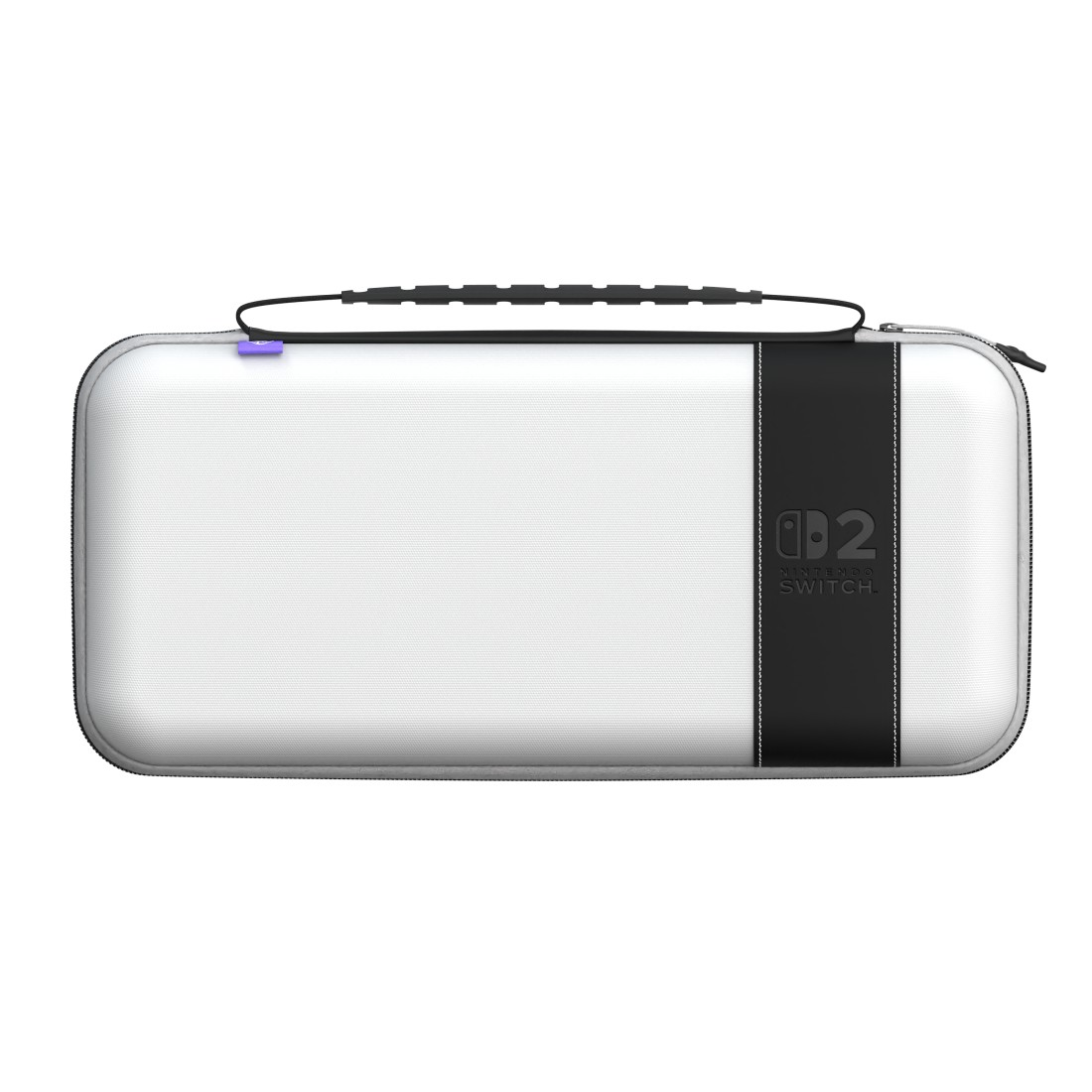 Weiße Nintendo Switch Tasche mit schwarzem Band und Logo.