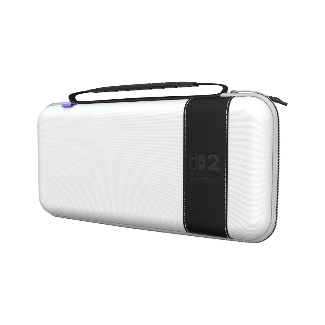 Ein weißes Nintendo Switch-Etui mit schwarzem Band und Logo.