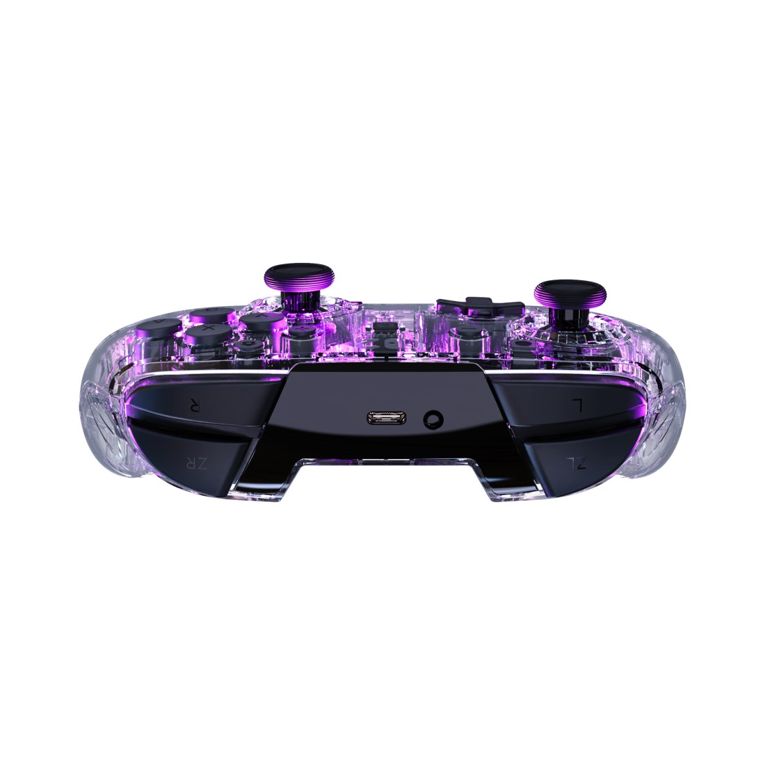 Transparenter Controller mit lila Lichtern und schwarzen Tasten.