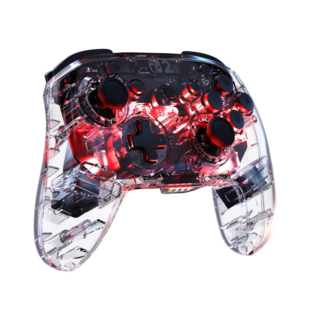 Transparenter Controller mit roter Innenbeleuchtung. Schwarze Tasten und Joysticks.