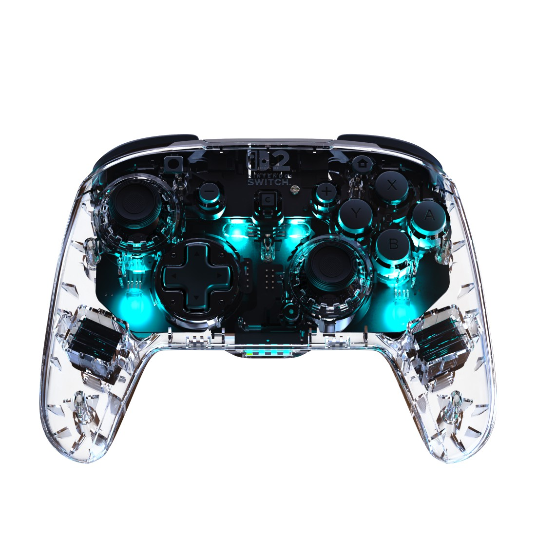 Transparenter Controller mit blauen Lichtern. Nintendo Switch-Logo sichtbar.