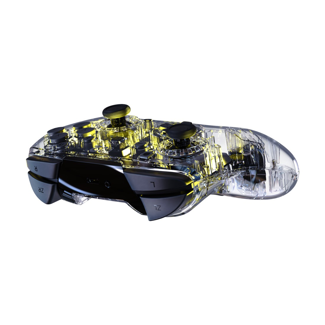 Transparenter Controller mit gelben inneren Komponenten und schwarzen Tasten.