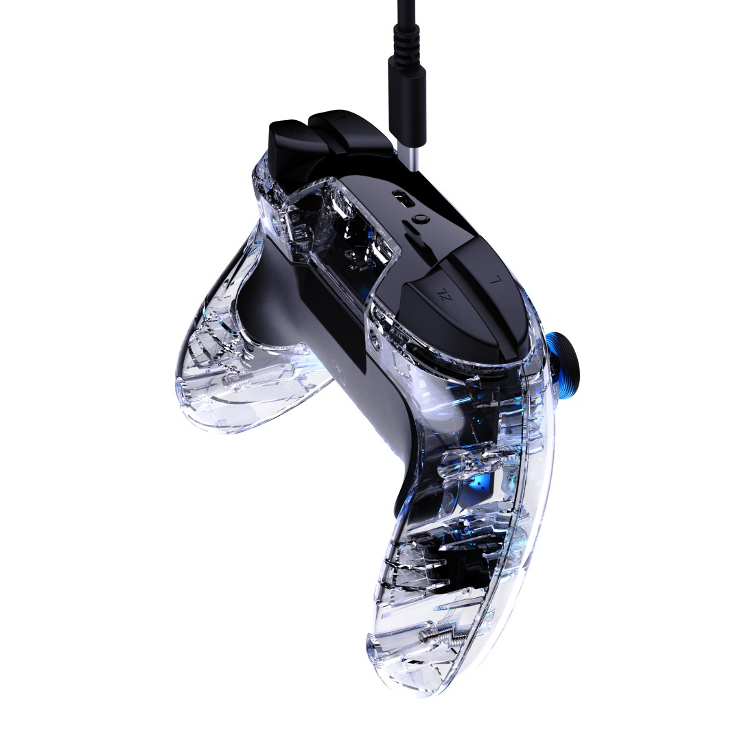 Transparenter Controller mit schwarzen Tasten und blauem Licht im Inneren.