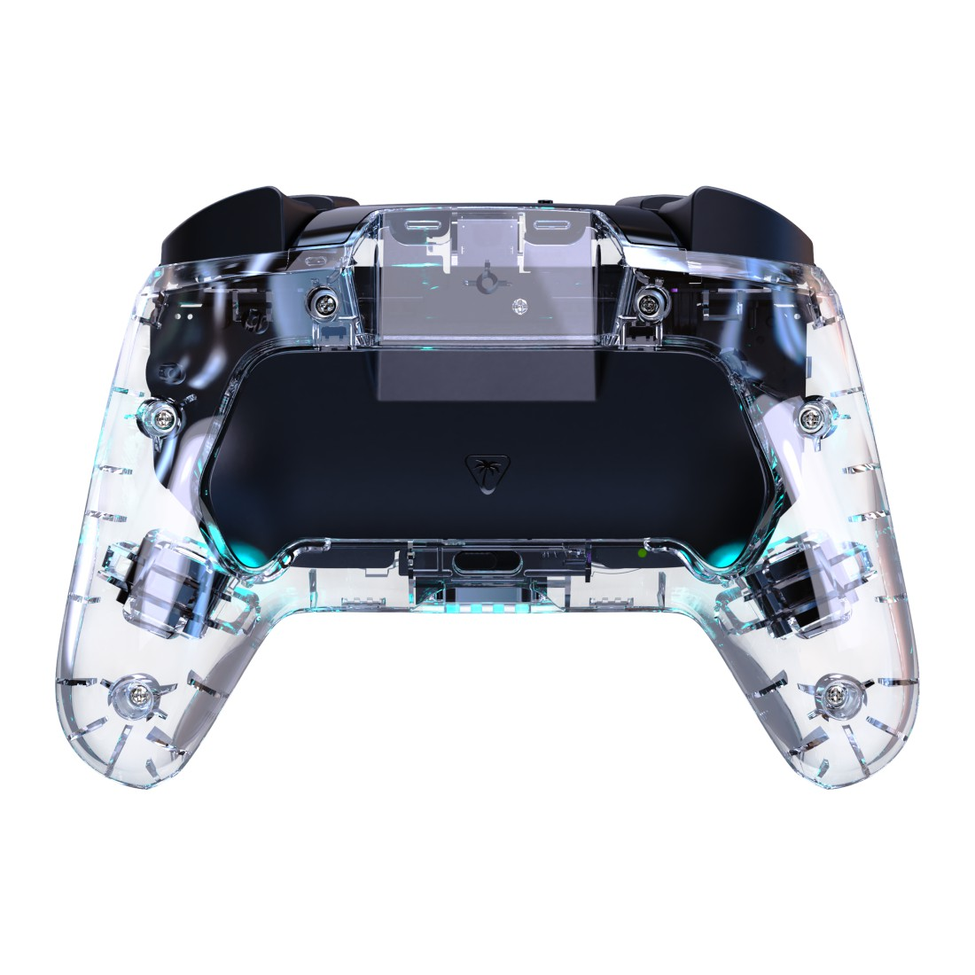 Durchsichtiger Controller mit blauen Lichtern und sichtbaren internen Komponenten.