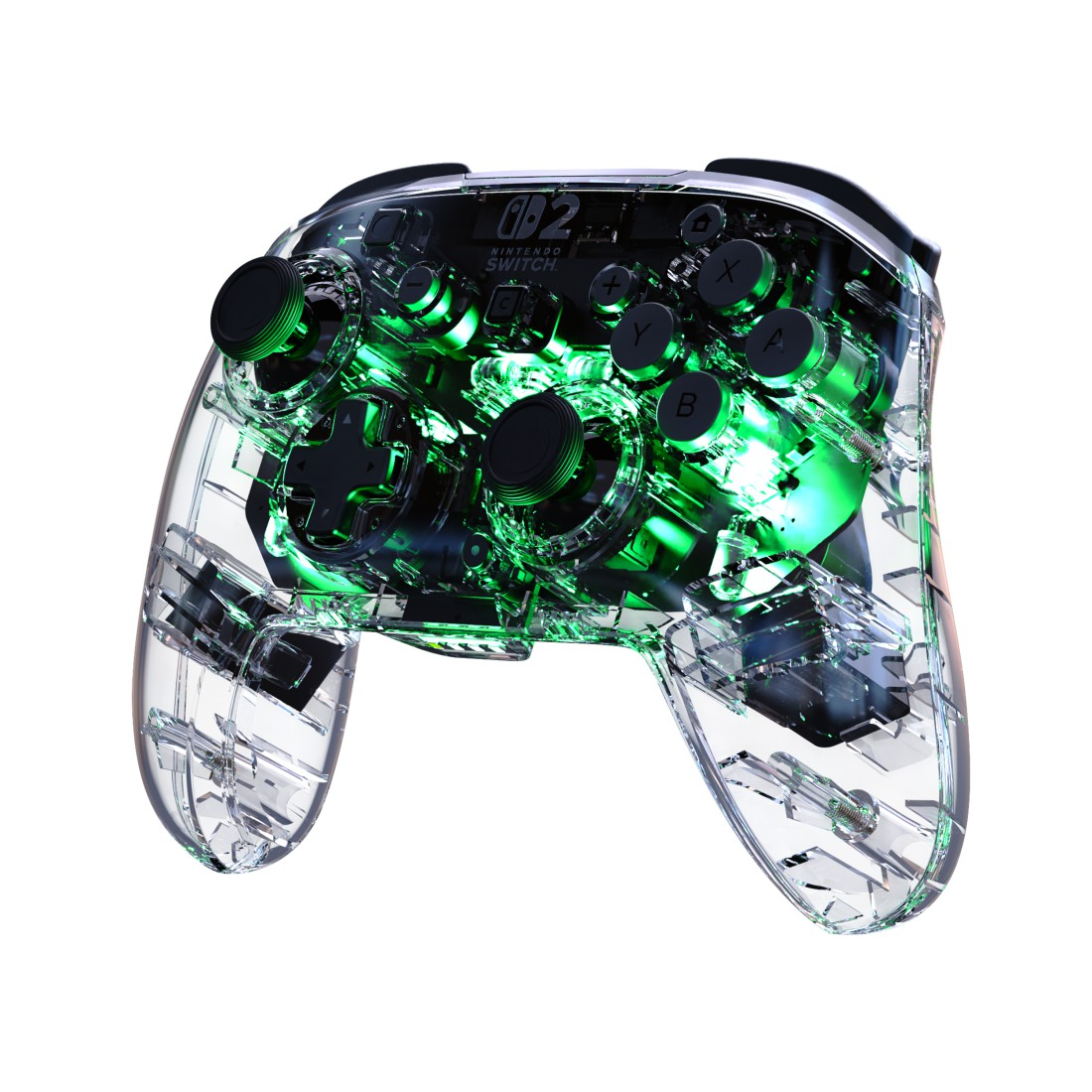Ein transparenter Nintendo Switch Controller mit grüner Beleuchtung.