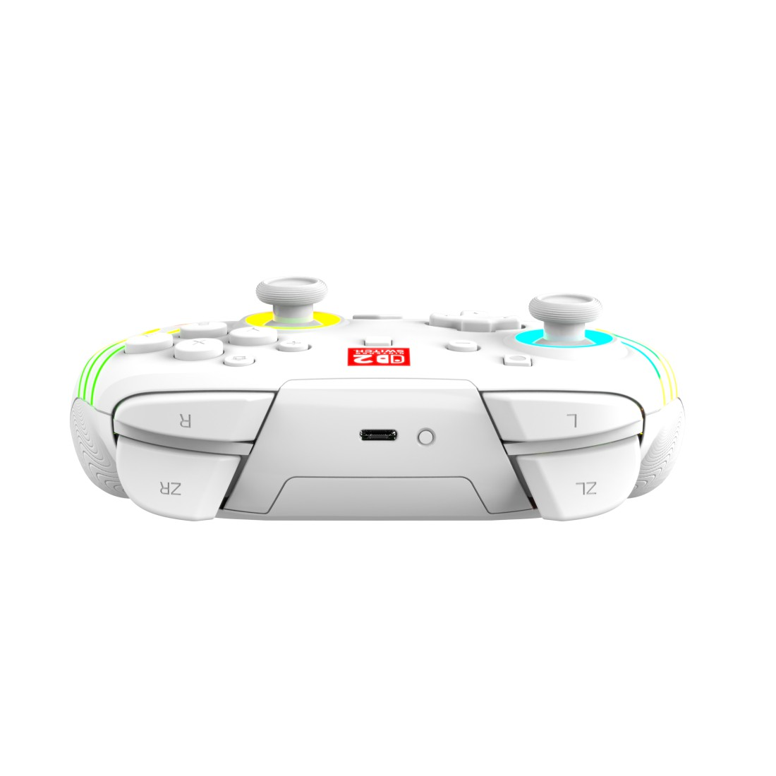 Ein weißer Gaming-Controller mit zwei Joysticks und bunten Akzenten.