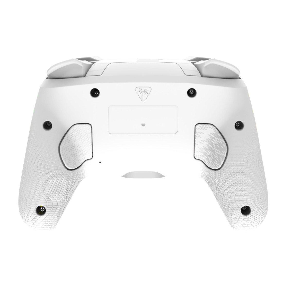 Weiße Controller-Rückseite mit Grifftextur und Palm-Logo.