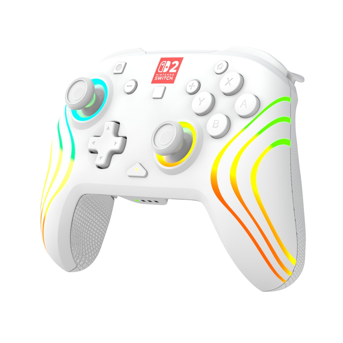 Ein weißer Nintendo Switch Controller mit bunten Lichtern und Bedienelementen.