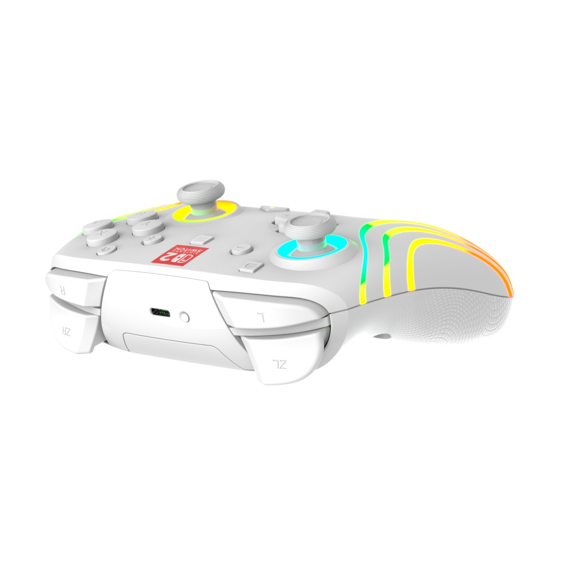 Ein weißer Gaming-Controller mit bunten Streifen und beleuchteten Joysticks.