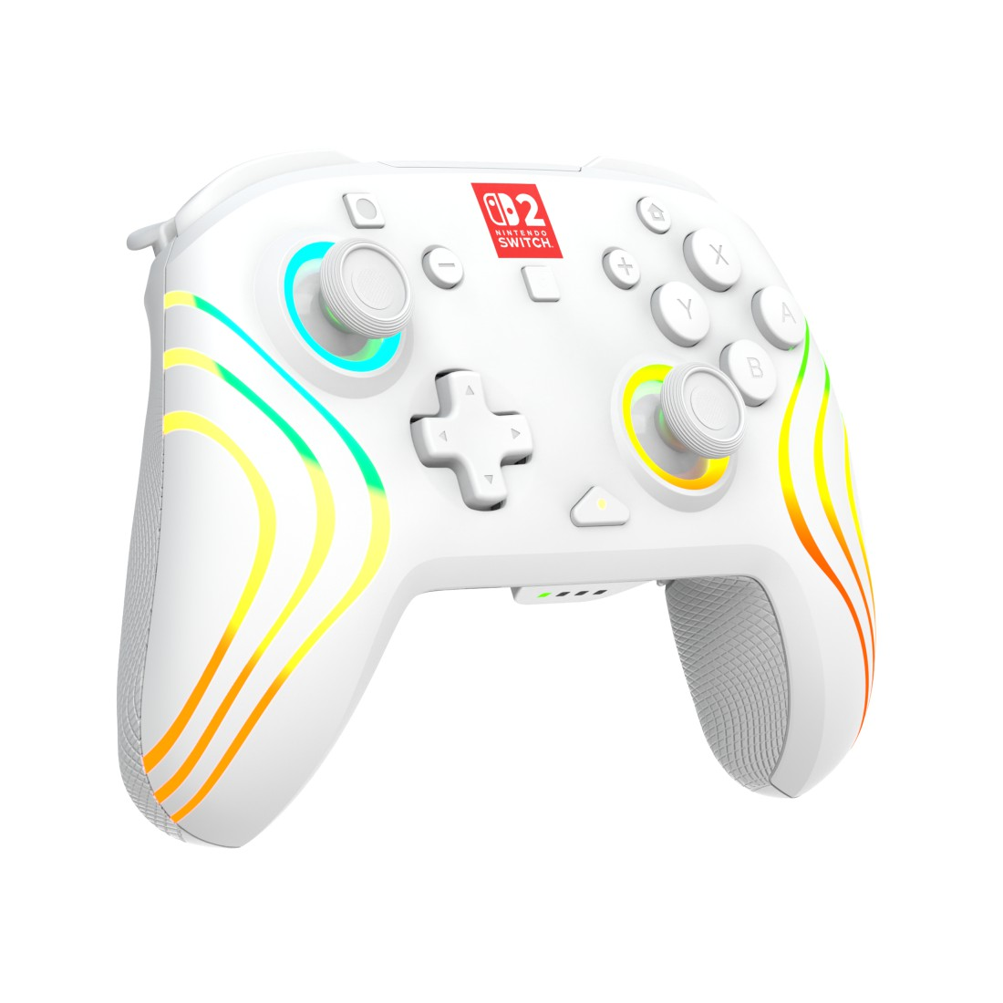 Ein weißer Nintendo Switch Controller mit bunten Lichtbögen und dem Nintendo Switch Logo.