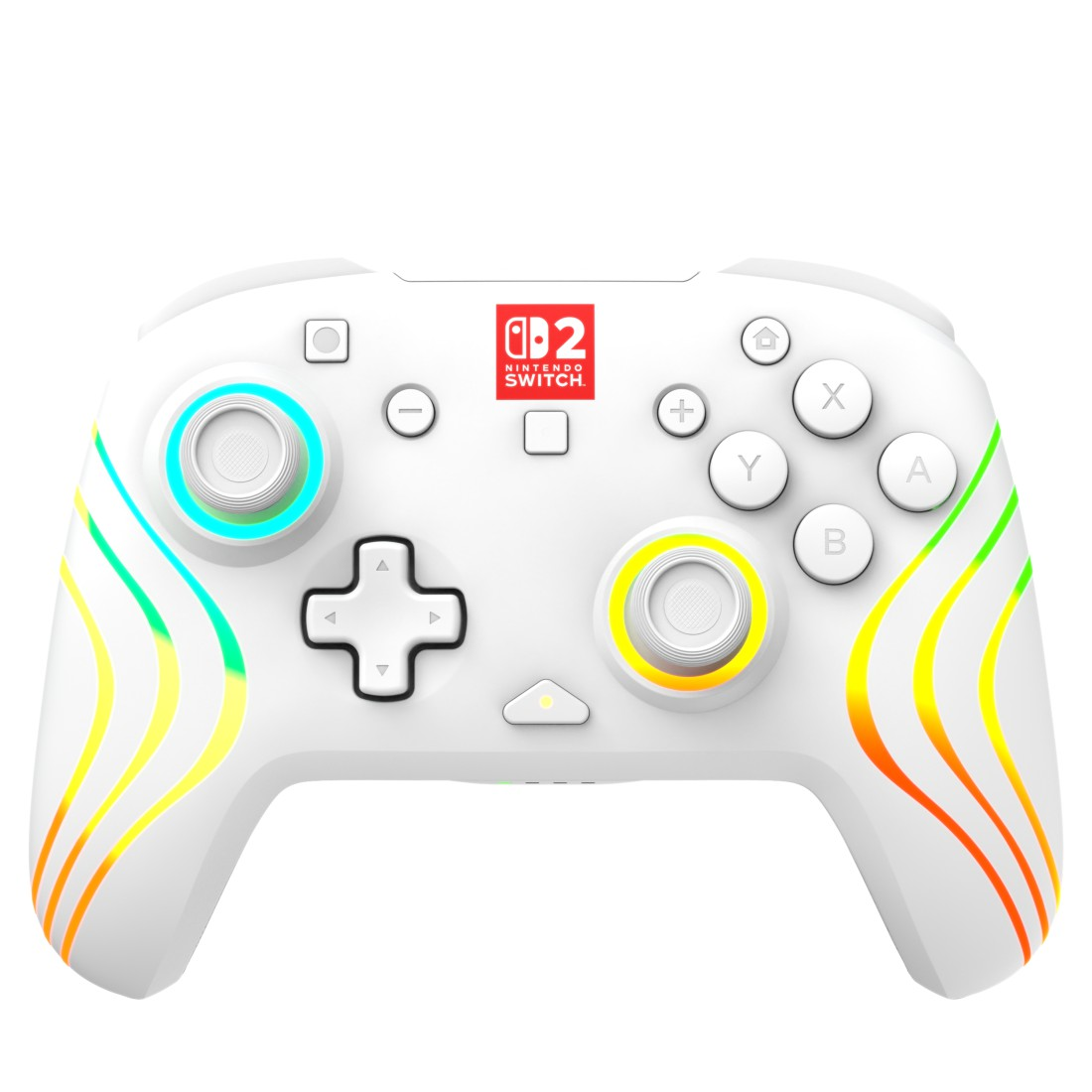 Ein weißer Nintendo Switch-Controller mit Regenbogenakzenten und beleuchteten Sticks.