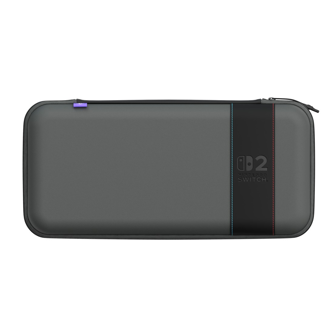 Graue Nintendo Switch Tasche mit blauem und rotem Streifen und Logo.