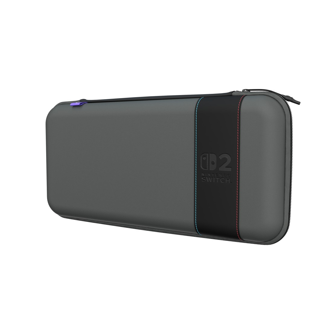 Graue Nintendo Switch Tasche mit schwarzem Akzent und Logo.