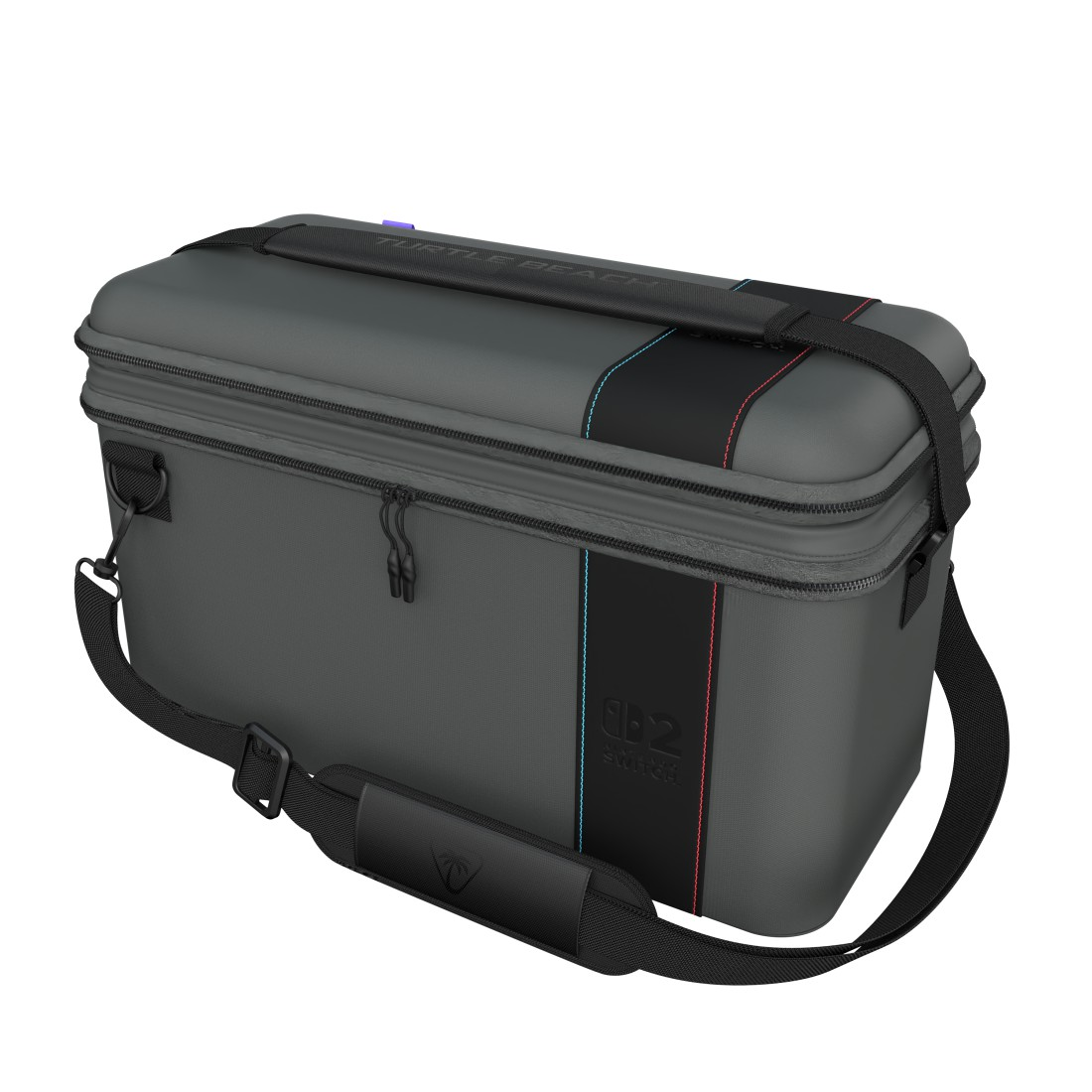 Dunkelgraue Tragetasche mit schwarzem Gurt und Nintendo Switch-Logo.