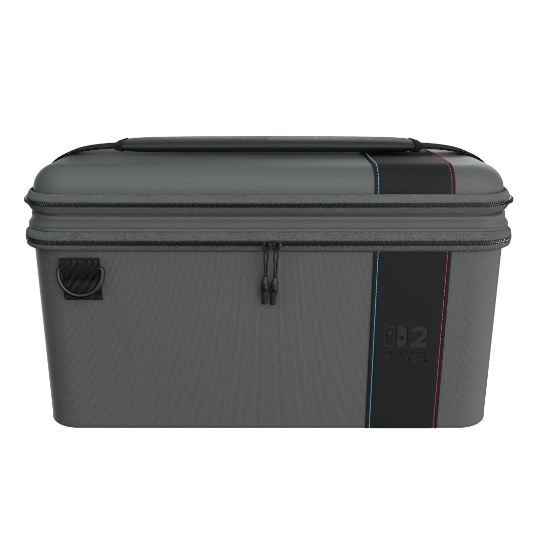 Graue Nintendo Switch-Tasche mit schwarzem Reißverschluss und Logo.