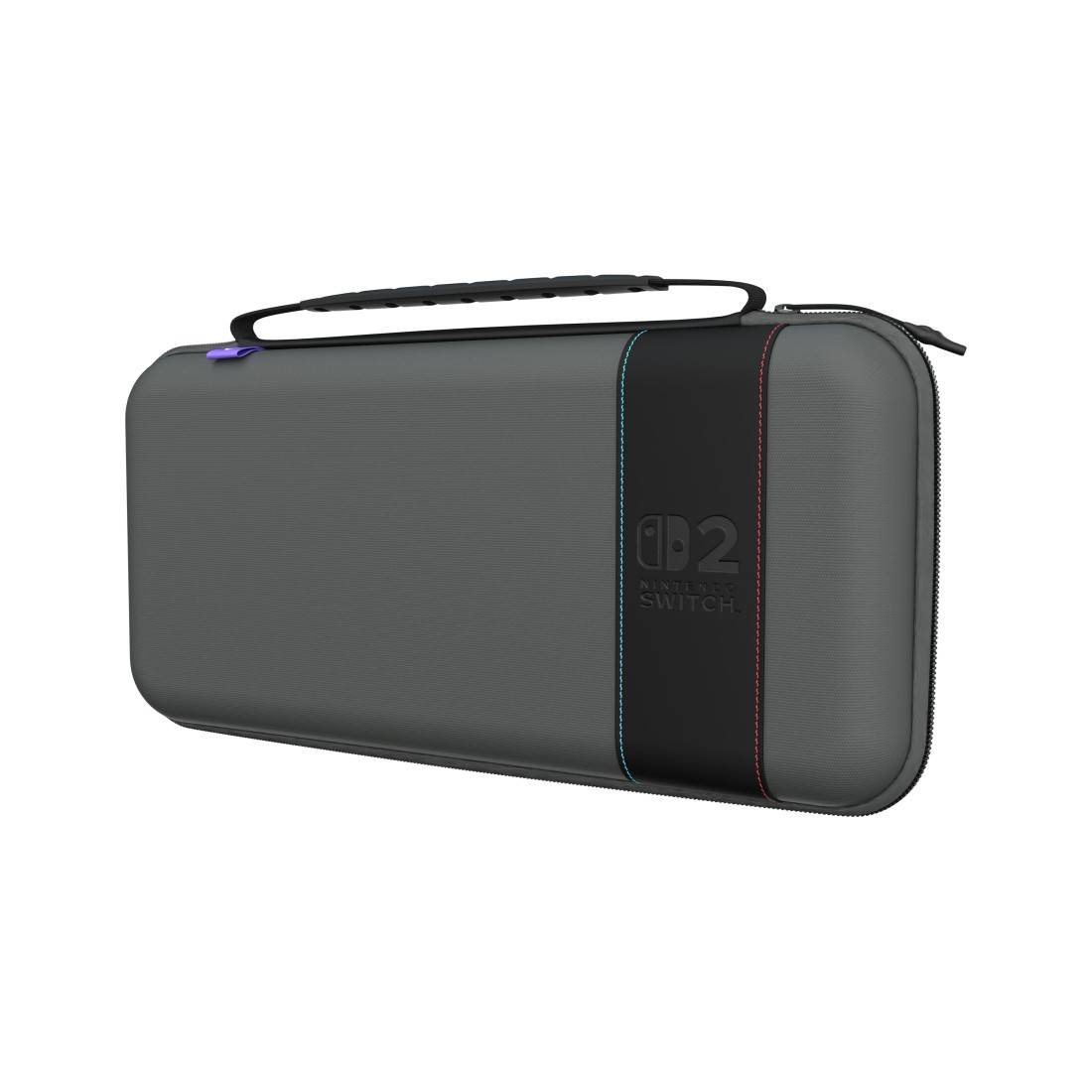 Graue Nintendo Switch Hülle mit schwarzem Akzent und roten/blauen Nähten.