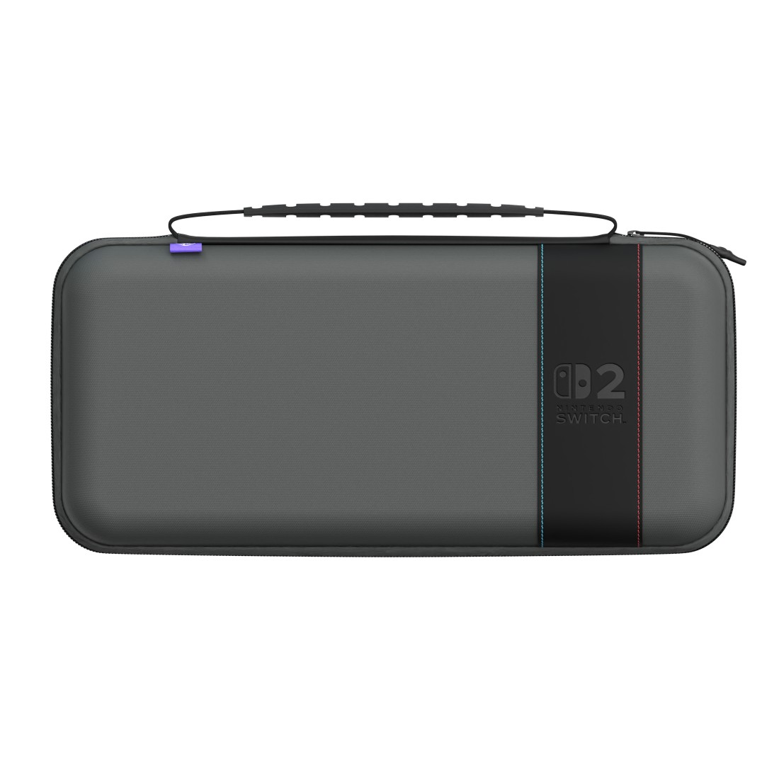 Graue Nintendo Switch Tasche mit schwarzem Band und Logo.