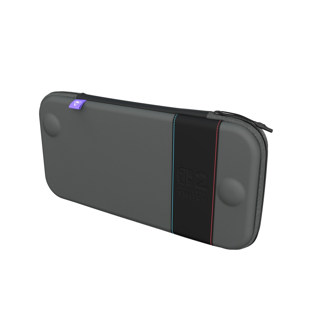 Graue Nintendo Switch Tasche mit blauem und rotem Streifen.