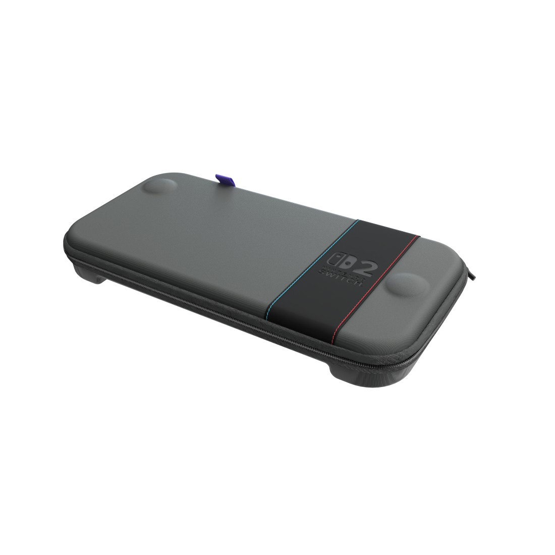 Graue Nintendo Switch-Hülle mit blauem und rotem Streifen und 2-Logo.