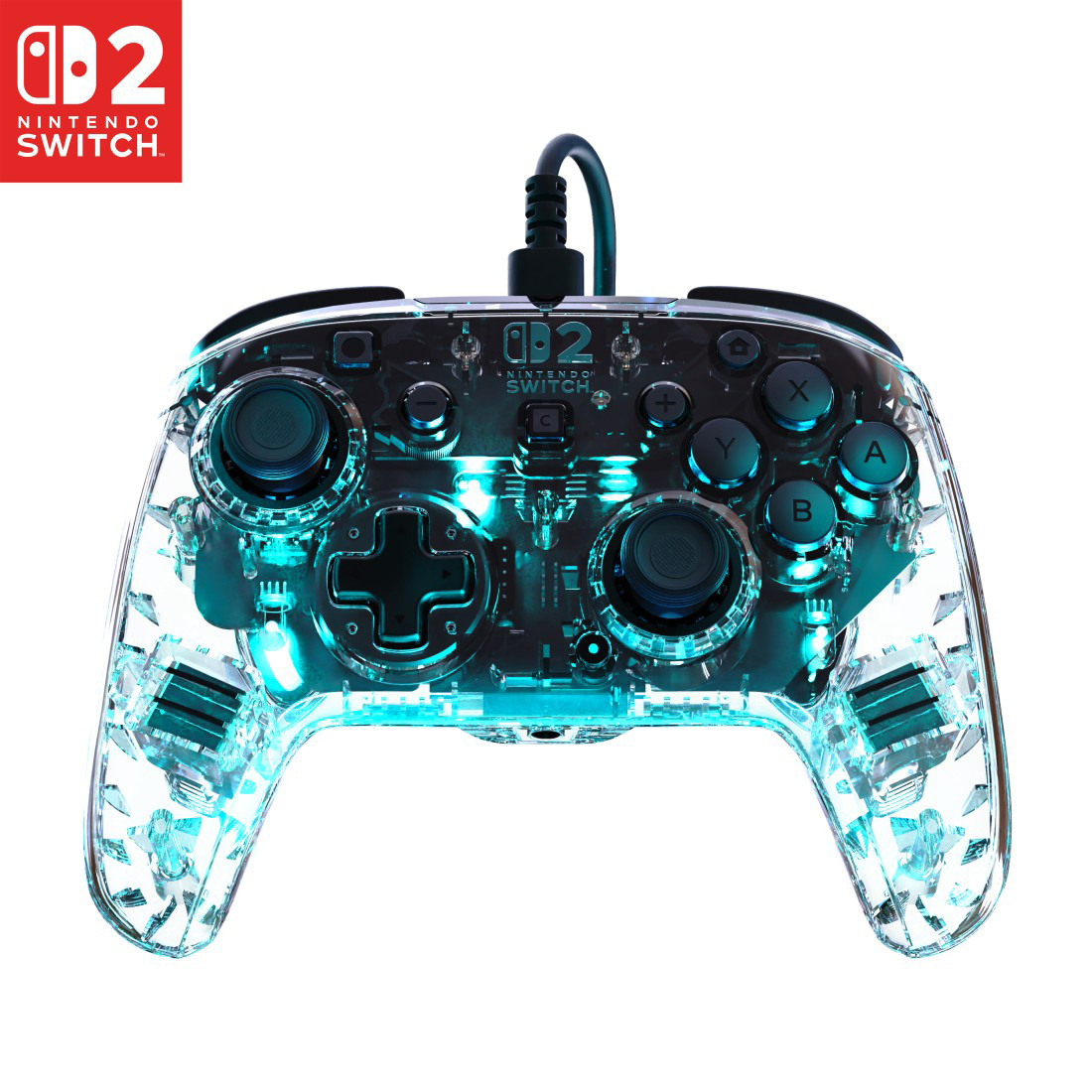 Ein transparenter Nintendo Switch Controller mit blauer Beleuchtung leuchtet.