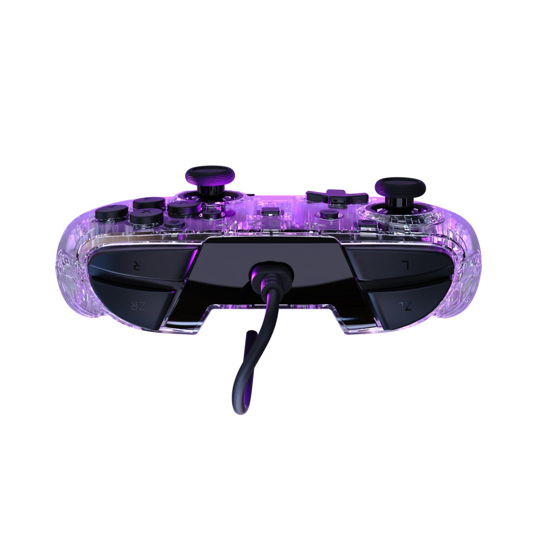 Durchsichtiger lila Controller mit schwarzen Knöpfen und Kabel.