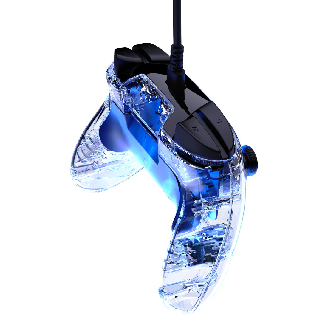 Ein durchsichtiger blauer Gaming-Controller mit sichtbarer Elektronik und Kabel.