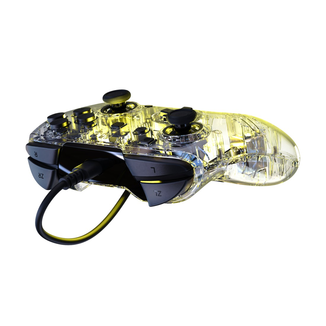 Ein transparenter gelber Controller mit schwarzen Knöpfen und einem schwarzen Kabel.