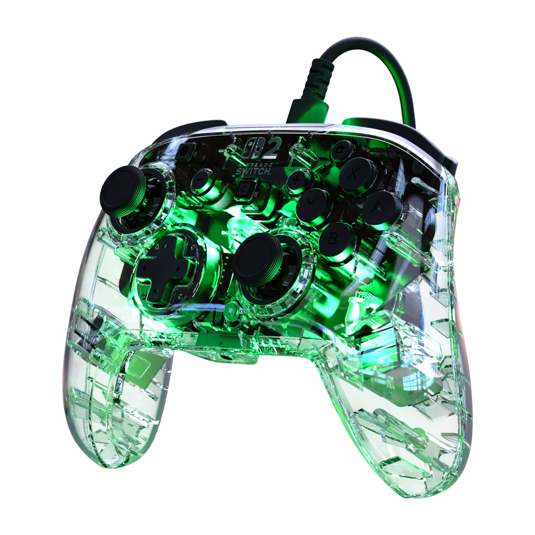 Durchsichtiger Controller mit grüner Beleuchtung und schwarzen Knöpfen.