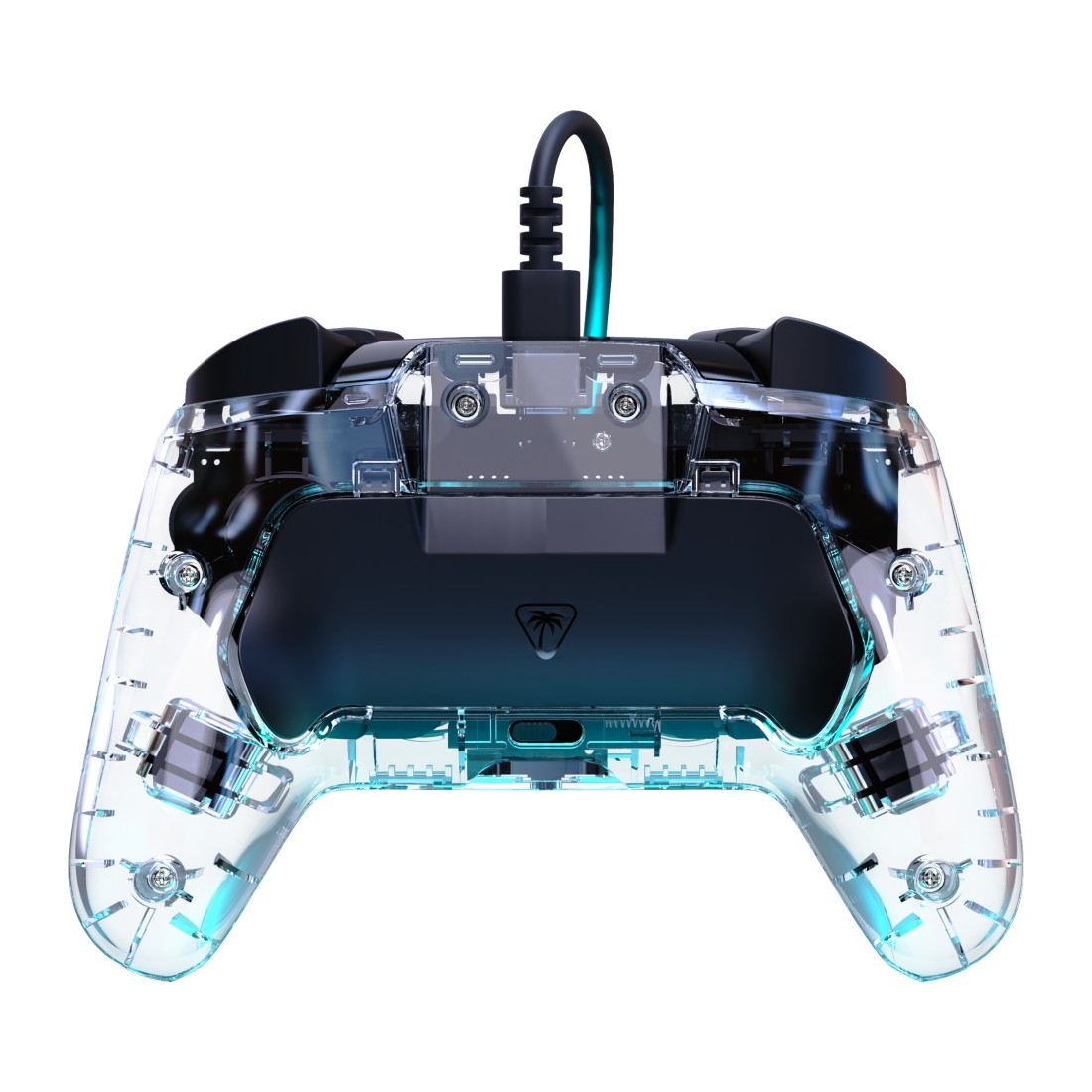 Durchsichtiger Controller mit blauem Leuchten und schwarzem Kabel.