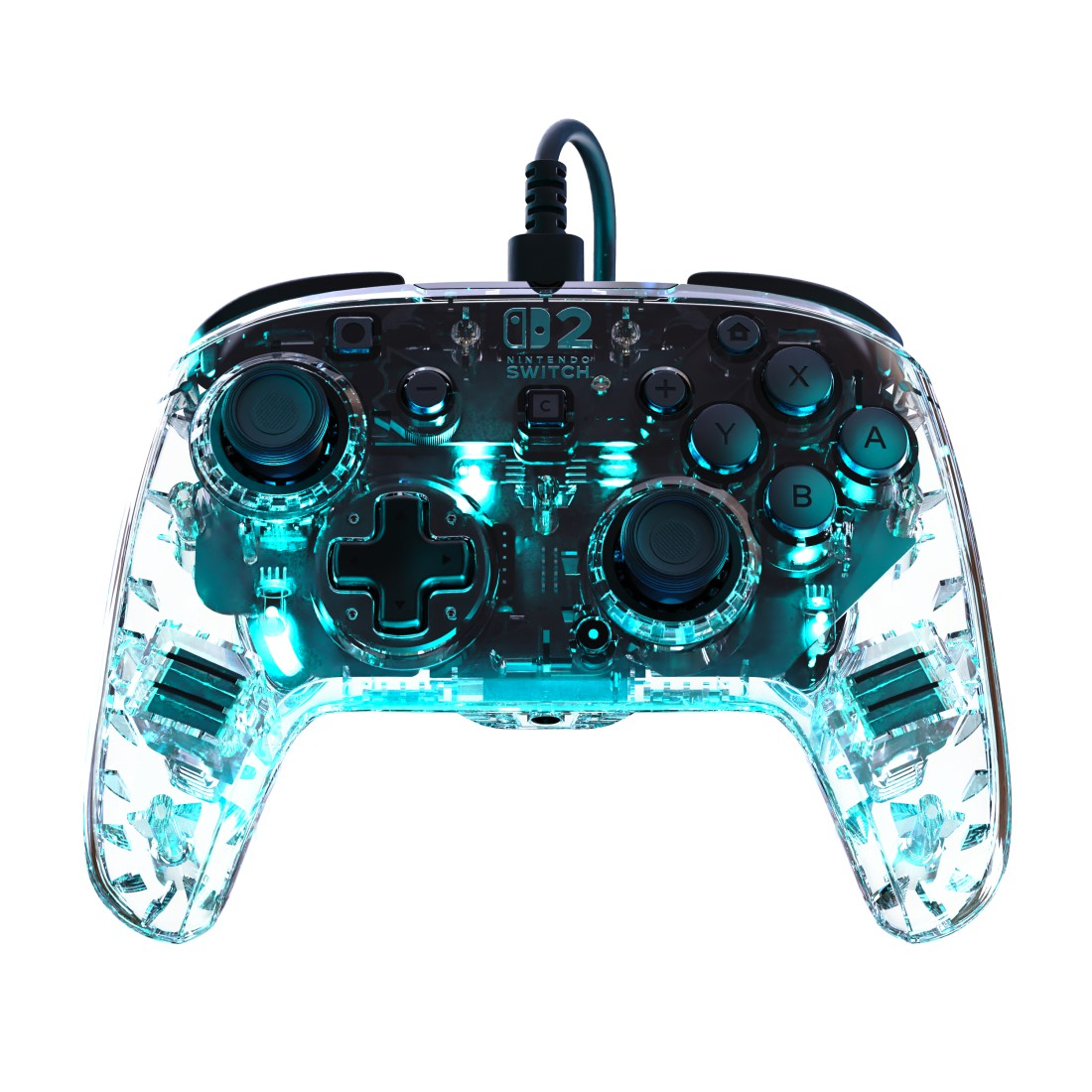 Ein transparenter Nintendo Switch Controller mit blauer Beleuchtung.