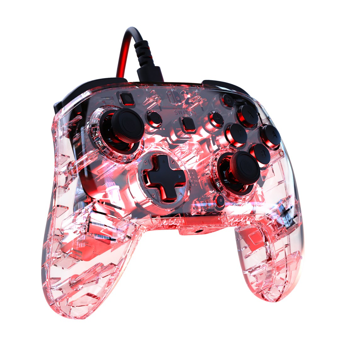 Transparenter Controller mit roten Lichtern und schwarzen Tasten.