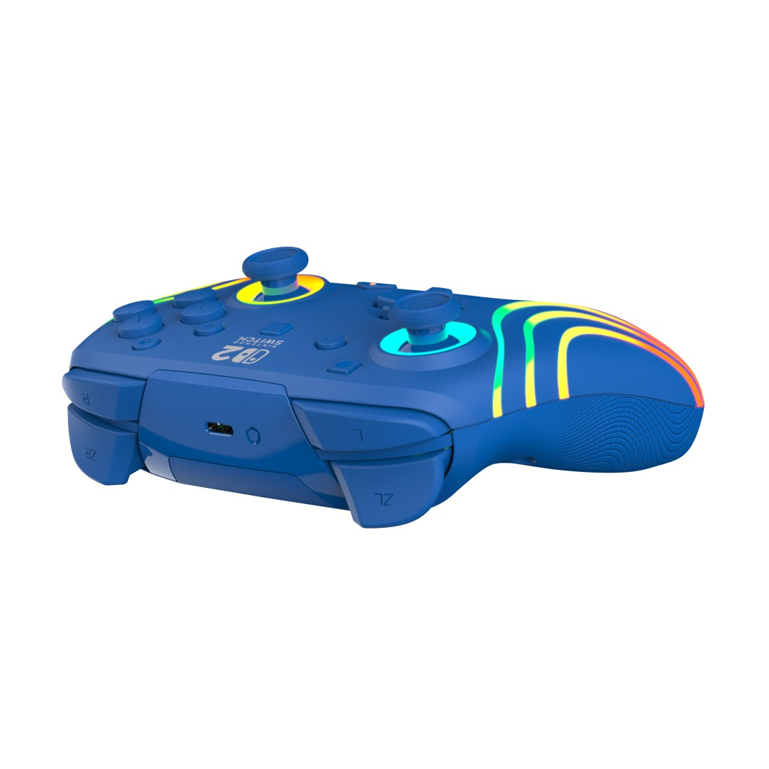 Ein blauer Nintendo Switch Controller mit bunten Streifen und leuchtenden Knöpfen.