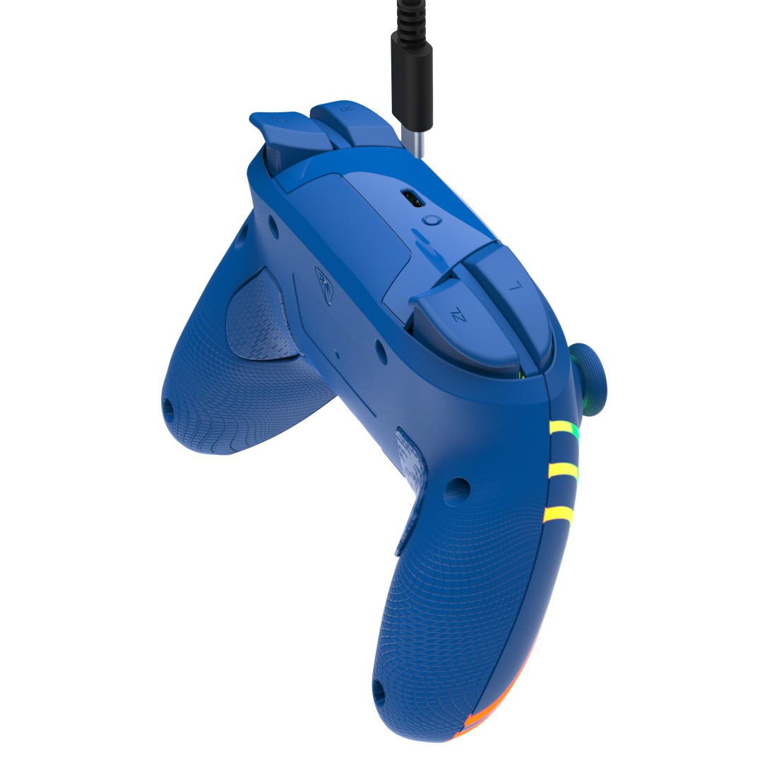 Blauer Controller mit Kabelanschluss und leuchtenden Streifen.
