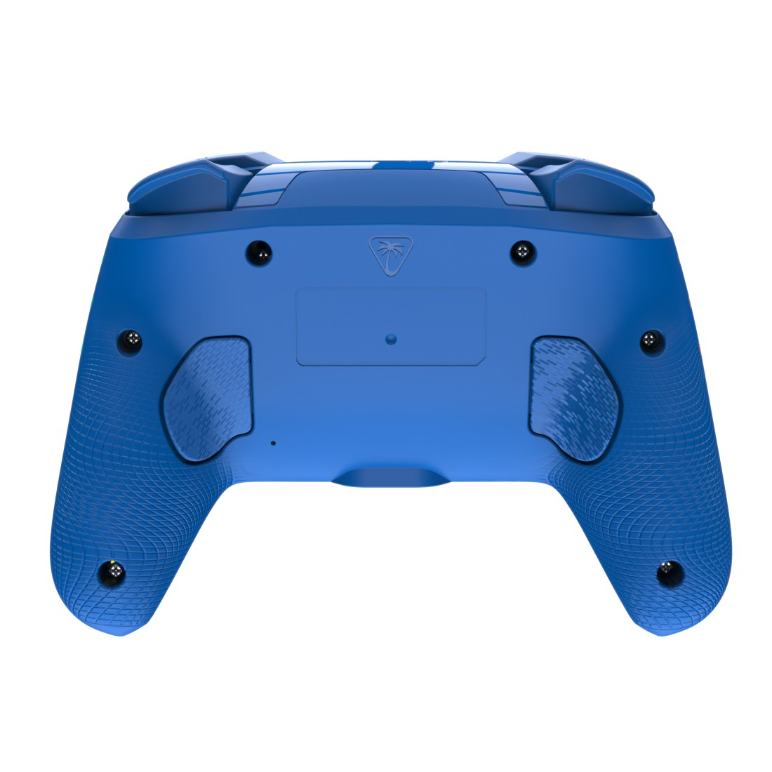 Rückseite eines blauen Controllers mit Texturgriff und Schrauben.