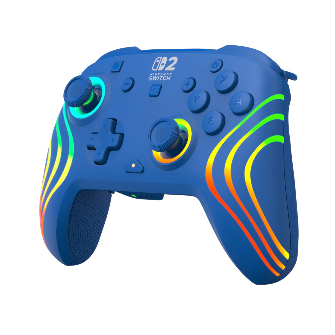 Ein blauer Nintendo Switch Controller mit bunten Lichtstreifen.