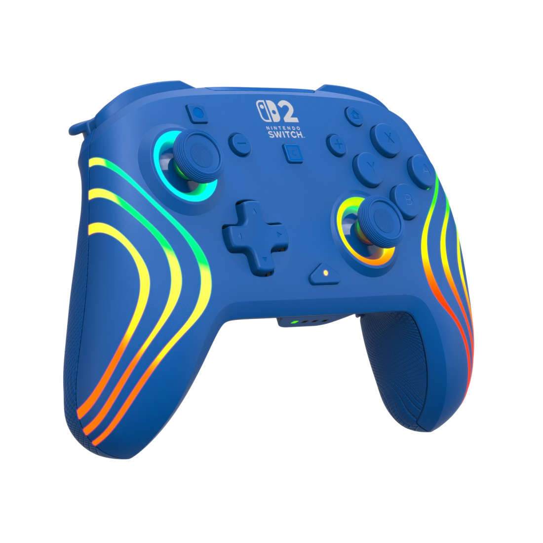Ein blauer Nintendo Switch Controller mit bunten Lichtstreifen.