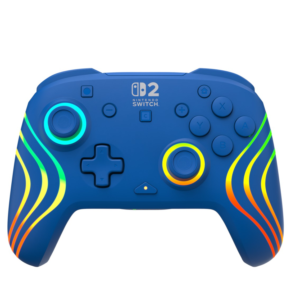 Ein blauer Nintendo Switch Controller mit bunten, geschwungenen Linien.