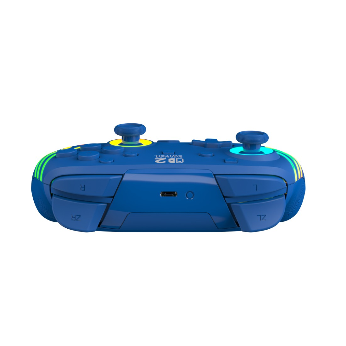 Ein blauer Nintendo Switch Controller mit gelben und blauen Akzenten.