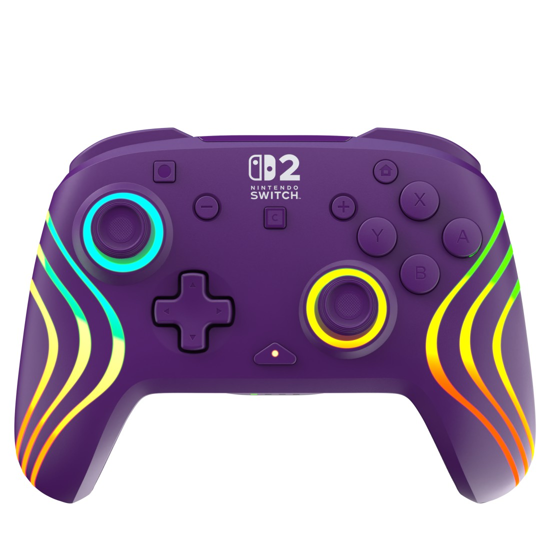 Lila Nintendo Switch Controller mit bunten Lichtern und Wellenmuster.