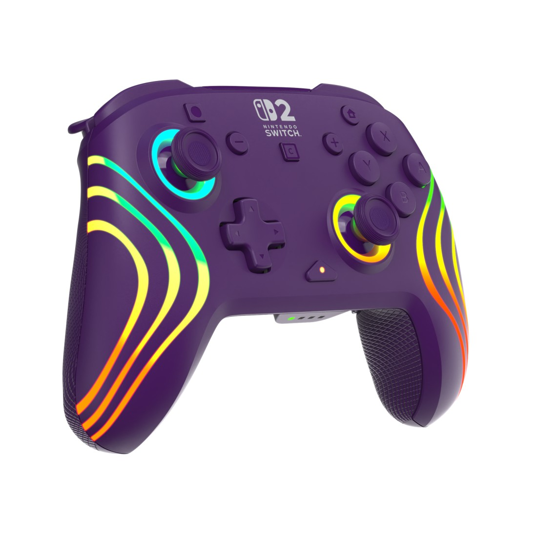 Ein violetter Nintendo Switch Controller mit bunten Lichtstreifen.