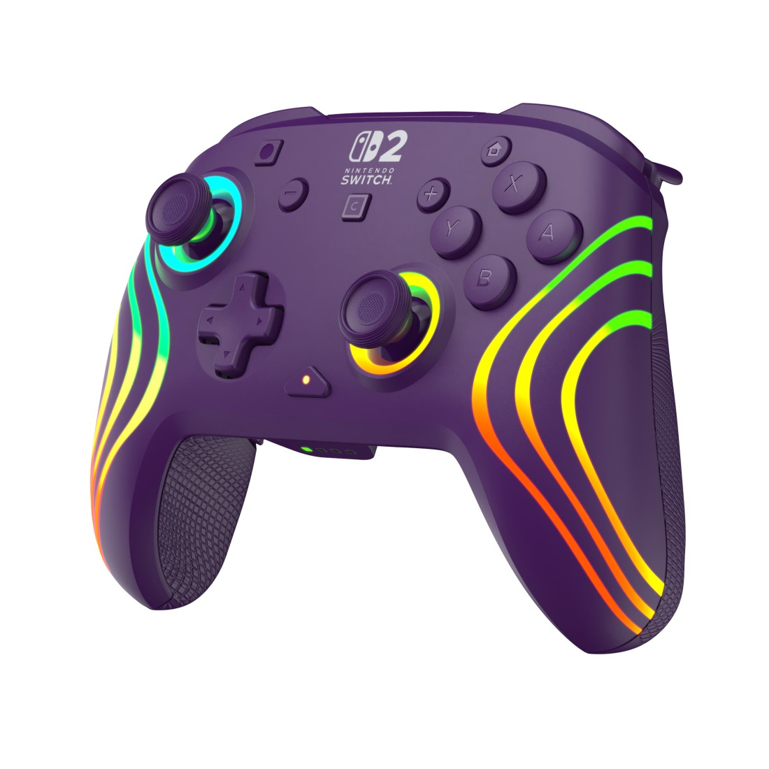 Lila Nintendo Switch Controller mit bunten Lichtstreifen und beleuchteten Joysticks.