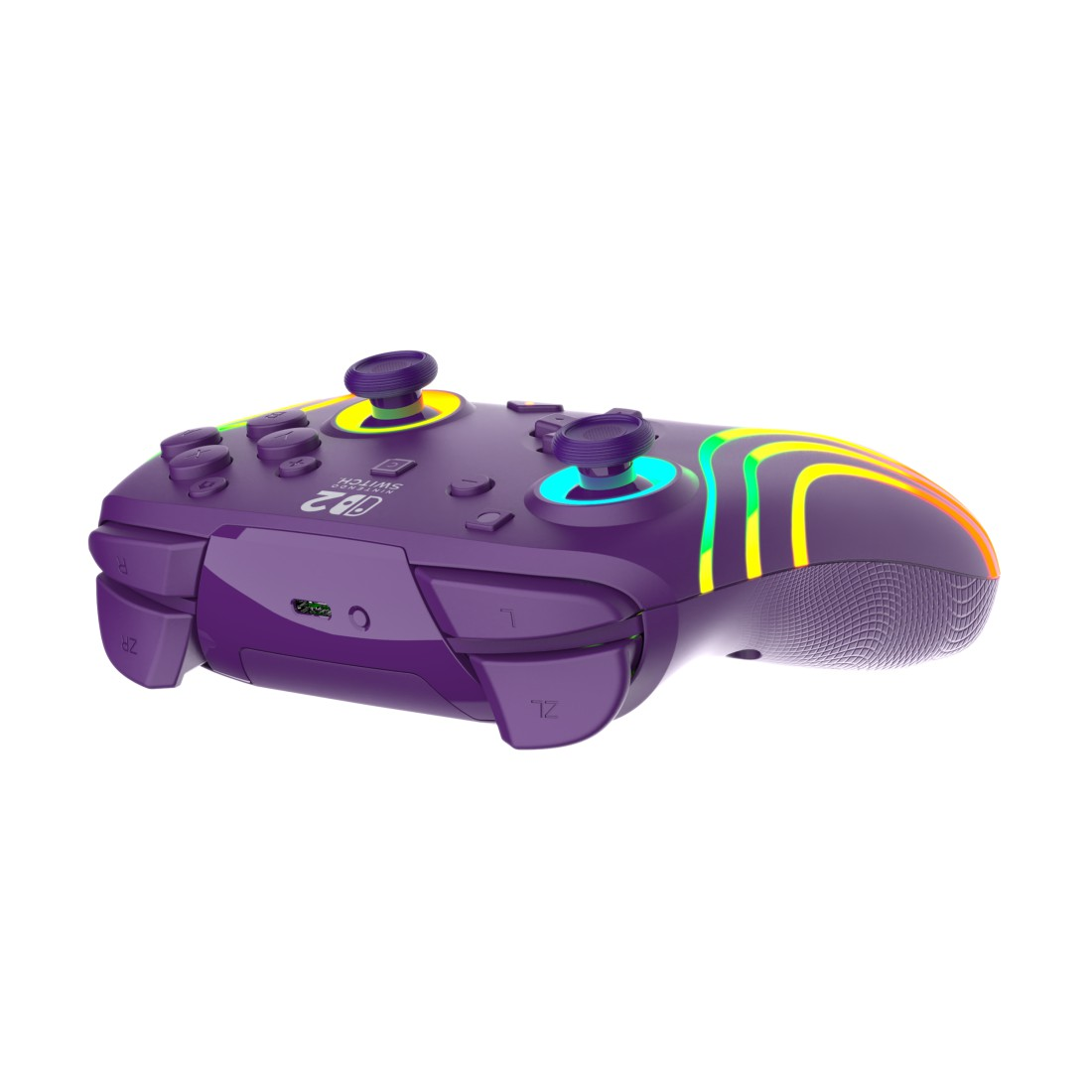 Lila Controller mit bunten Regenbogenstreifen und gelben/blauen Akzenten.