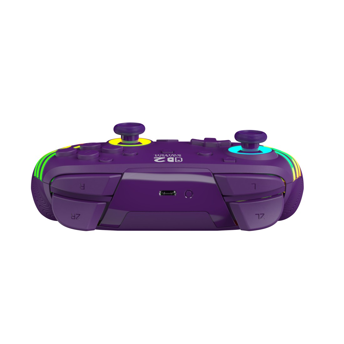 Lila Gamecontroller mit zwei Joysticks, Tasten und Lichtern.
