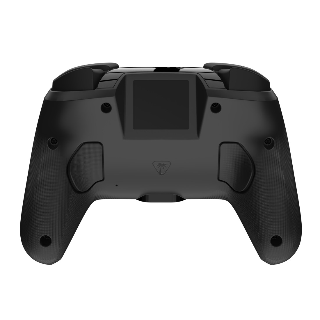 Rückseite eines schwarzen Controllers mit Palme-Logo und kleinem Bildschirm.
