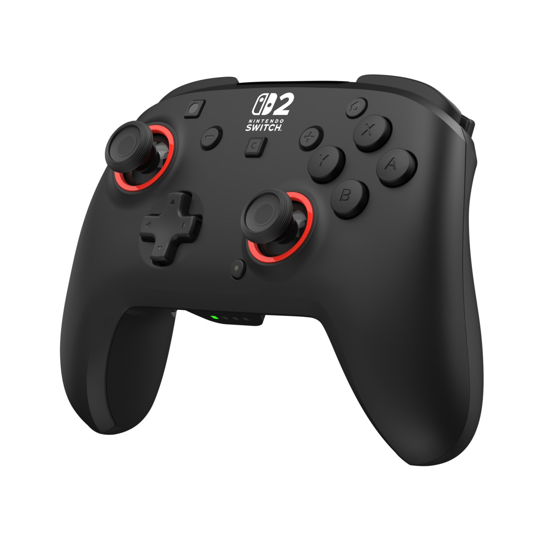 Schwarzer Nintendo Switch Controller mit roten Akzenten und Beschriftung.