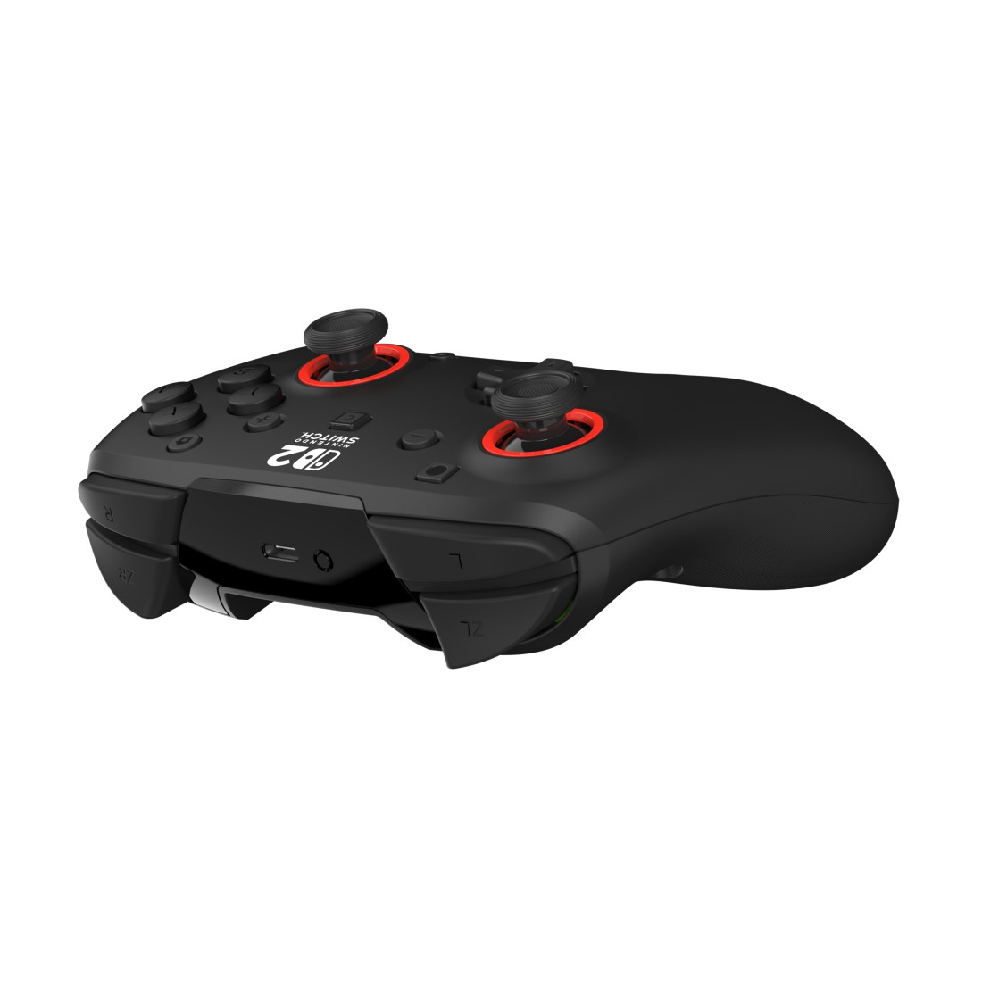 Schwarzer Nintendo Switch Controller mit roten Akzenten und zwei Joysticks.