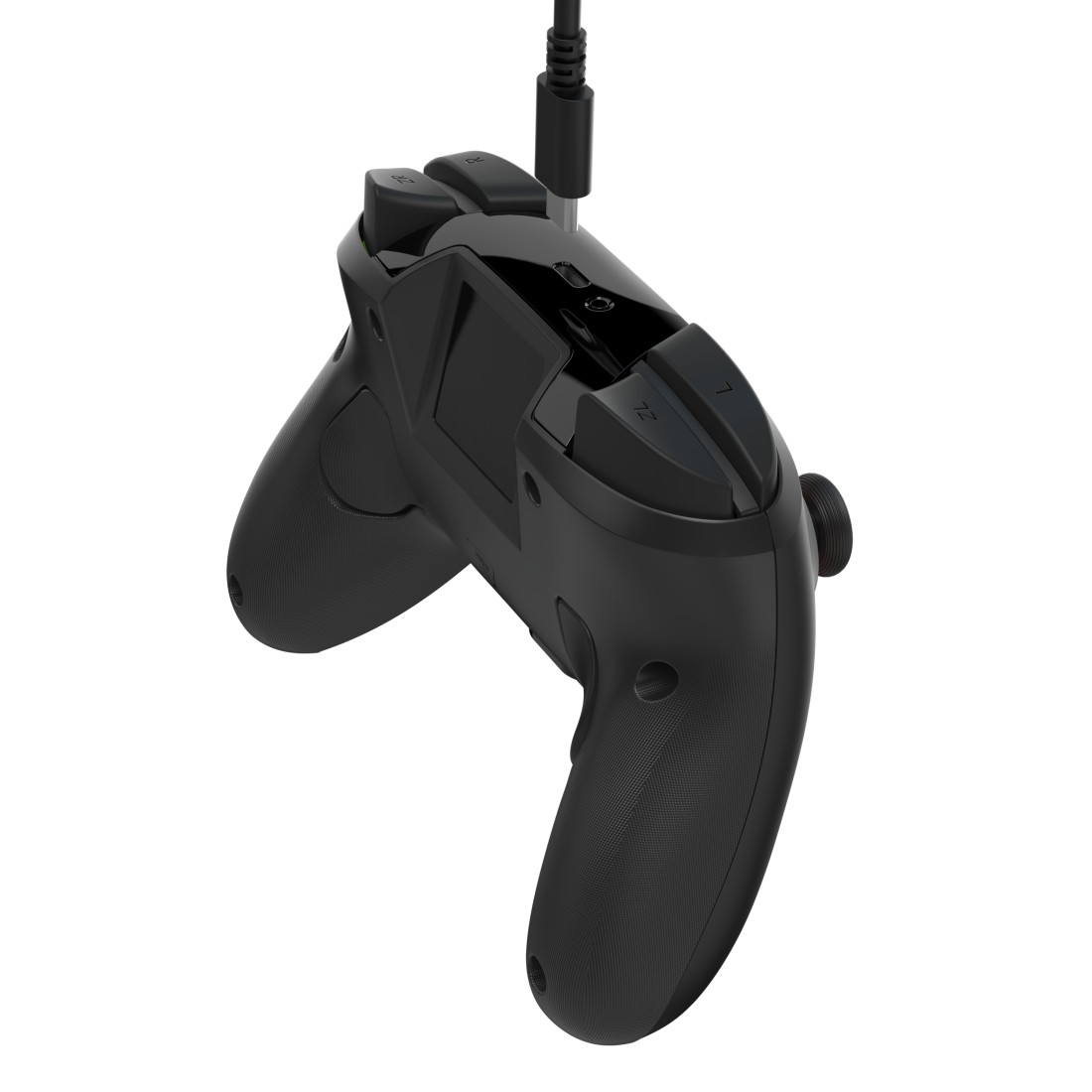 Schwarzer Controller mit Kabel, detaillierte Ansicht der Knöpfe und Griffe.