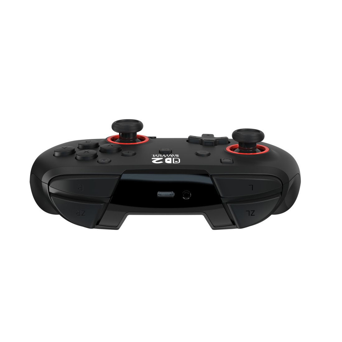 Schwarzer Nintendo Switch Controller mit zwei Joysticks und roten Akzenten.